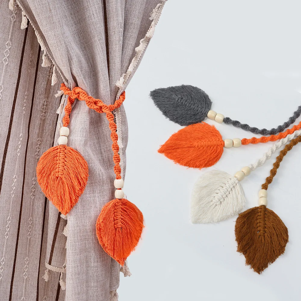 Macrame Leaf Curtain Tiebacks with Wood Beads, Handwoven Tassel Curtain Holdbacks Boho Home Window Decor