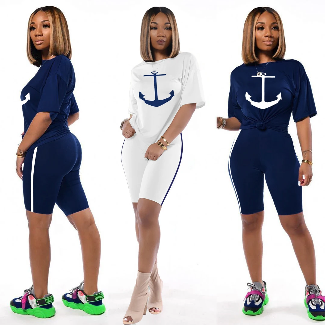 

women Boat Anchor Print female two-piece short-sleeved t-shirts printed navy suits anchor two-piece shorts suit Casual fahion