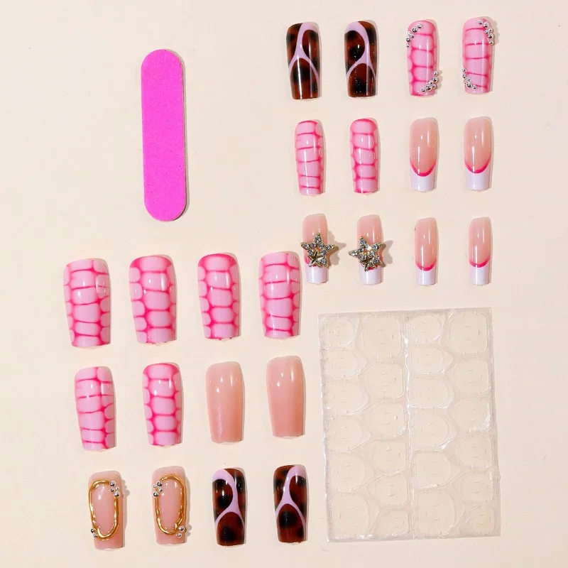 24PCS Sweet Cool Medium Square False Nails Pink Croc Pattern Tortoise Shell Print Press on Nails 3D Metallic Silver Star Nails