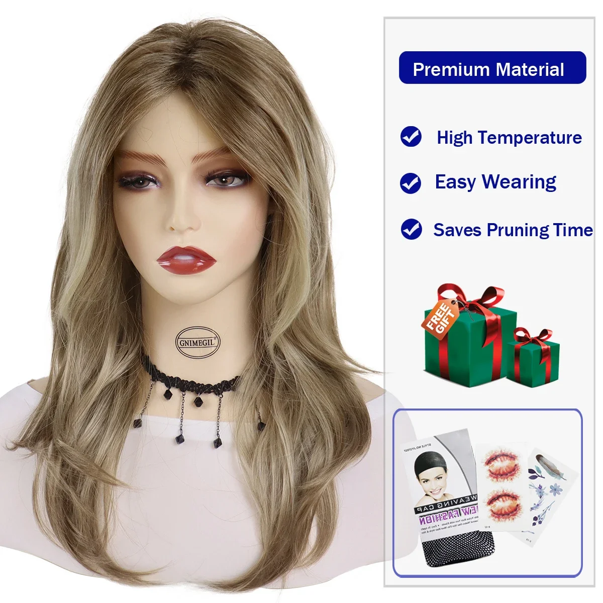 GNIMEGIL Synthetic Long Curly Wavy Wigs for Women Medium Blonde Wigs with Side Bangs Costume Party Natural Cancer Patients Wig