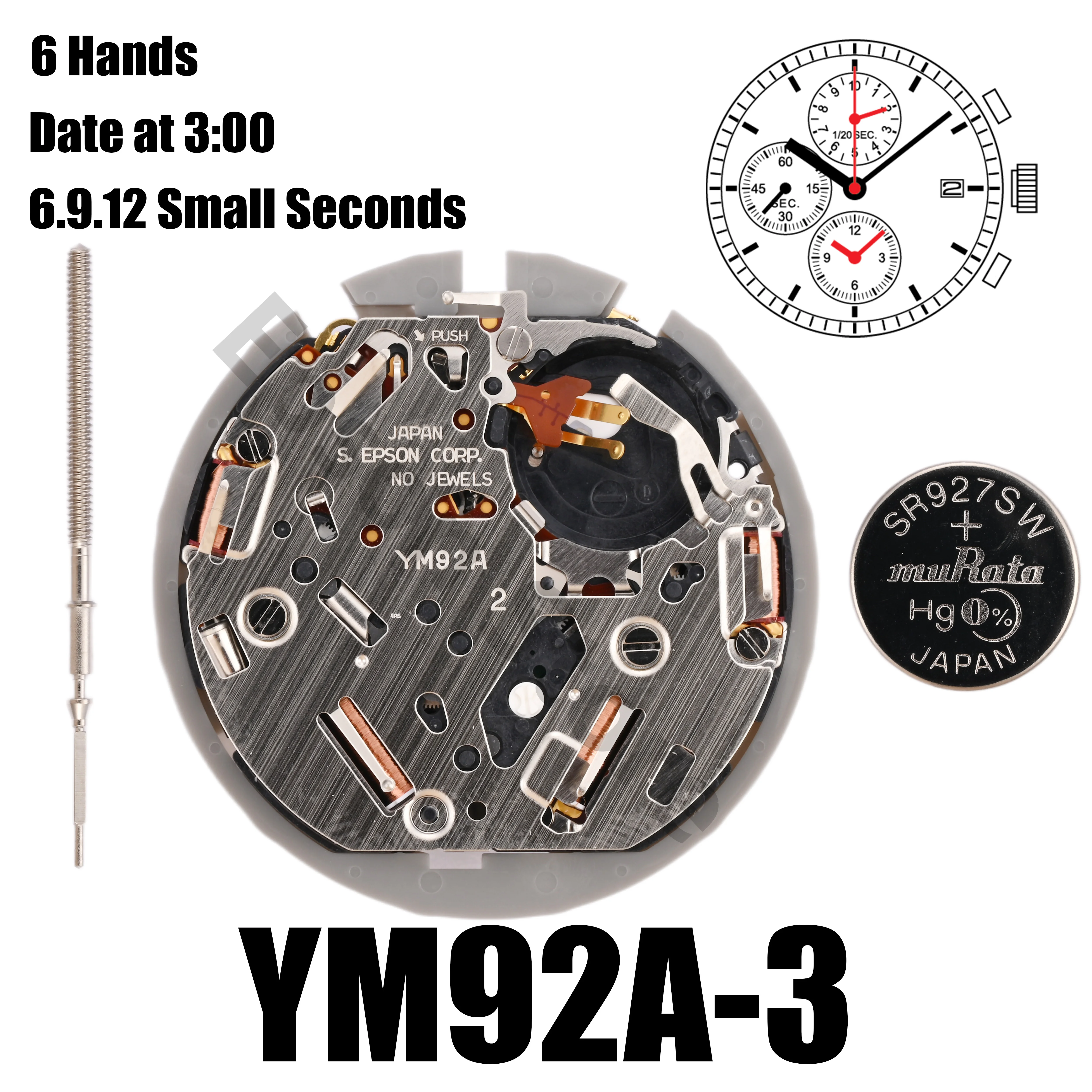 小さな秒の動き、6ハンド、ym92、ym92a、サイズ12インチ、高さ3.70mm、1/20秒クロノグラフクロノグラフ