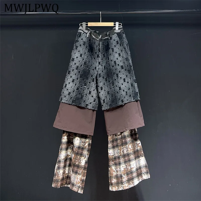 

MWJLPWQ Spliced Fake 3-Layer Design Casual Trousers Male High Street Plaid Niched 2025 New Loose Pants Autumn Trendy New 11144