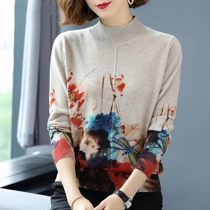 Women Vintage Chinese Style Print Half High Collar Elegant Knitted Sweater Autumn Winter Fashion Long Sleeve Loose Pullover Tops