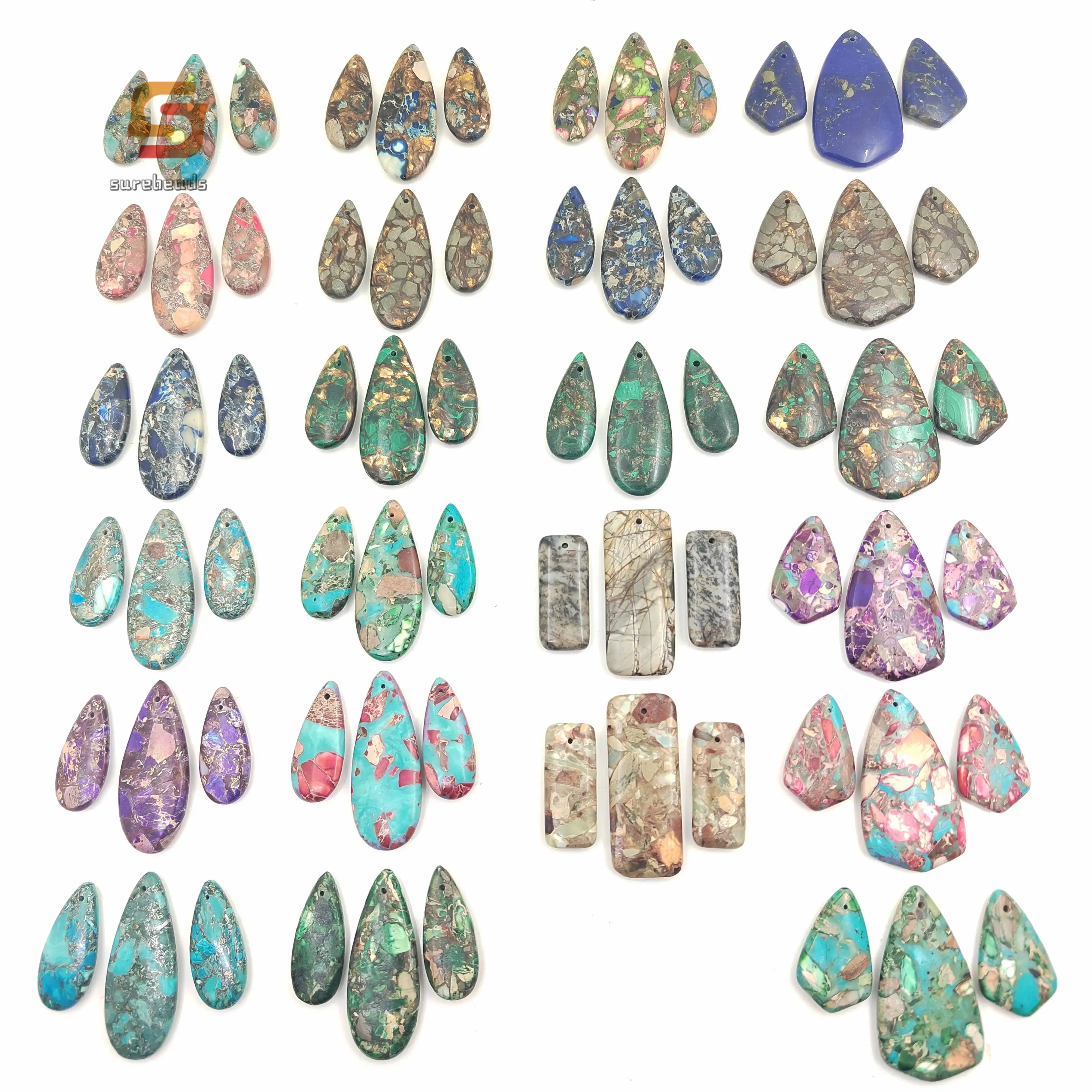

3pcs/set Emperor Stone Top Drilled Teardrop Graduated Pendants,Multicolor Sea Sediment Imperial Jasper Earring Jewelry Making
