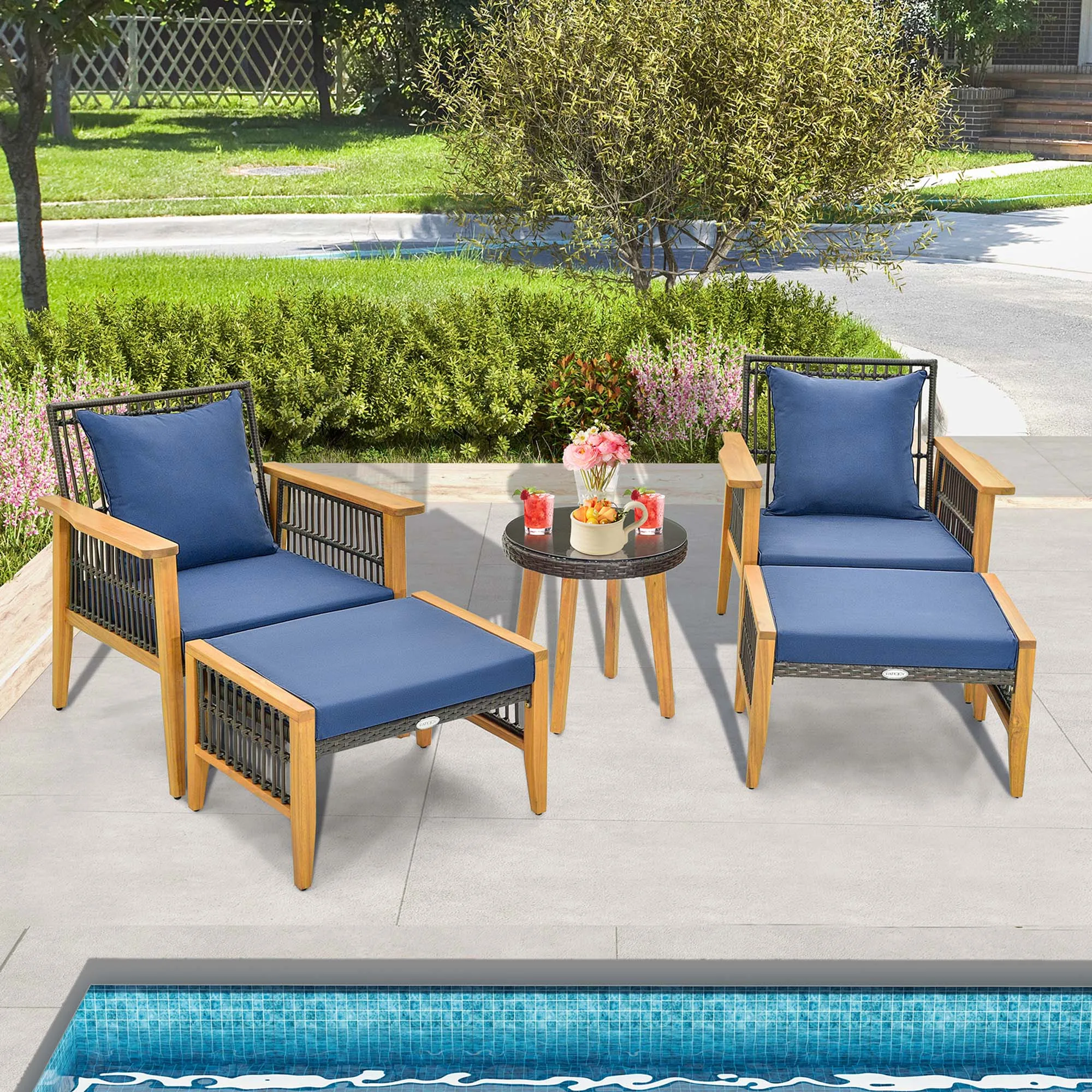 

5 Pcs Patio Acacia Wood Wicker Woven Furniture Set with Coffee Table & 2 Ottomans Navy