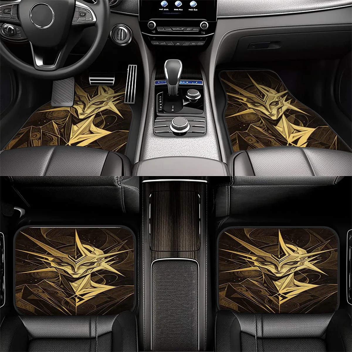 5pcs Car Floor Mats, Trunk Mats, Golden Geometric Style, Future Warrior Avatar Pattern Car Floor Mats, Polyester Fiber Material,