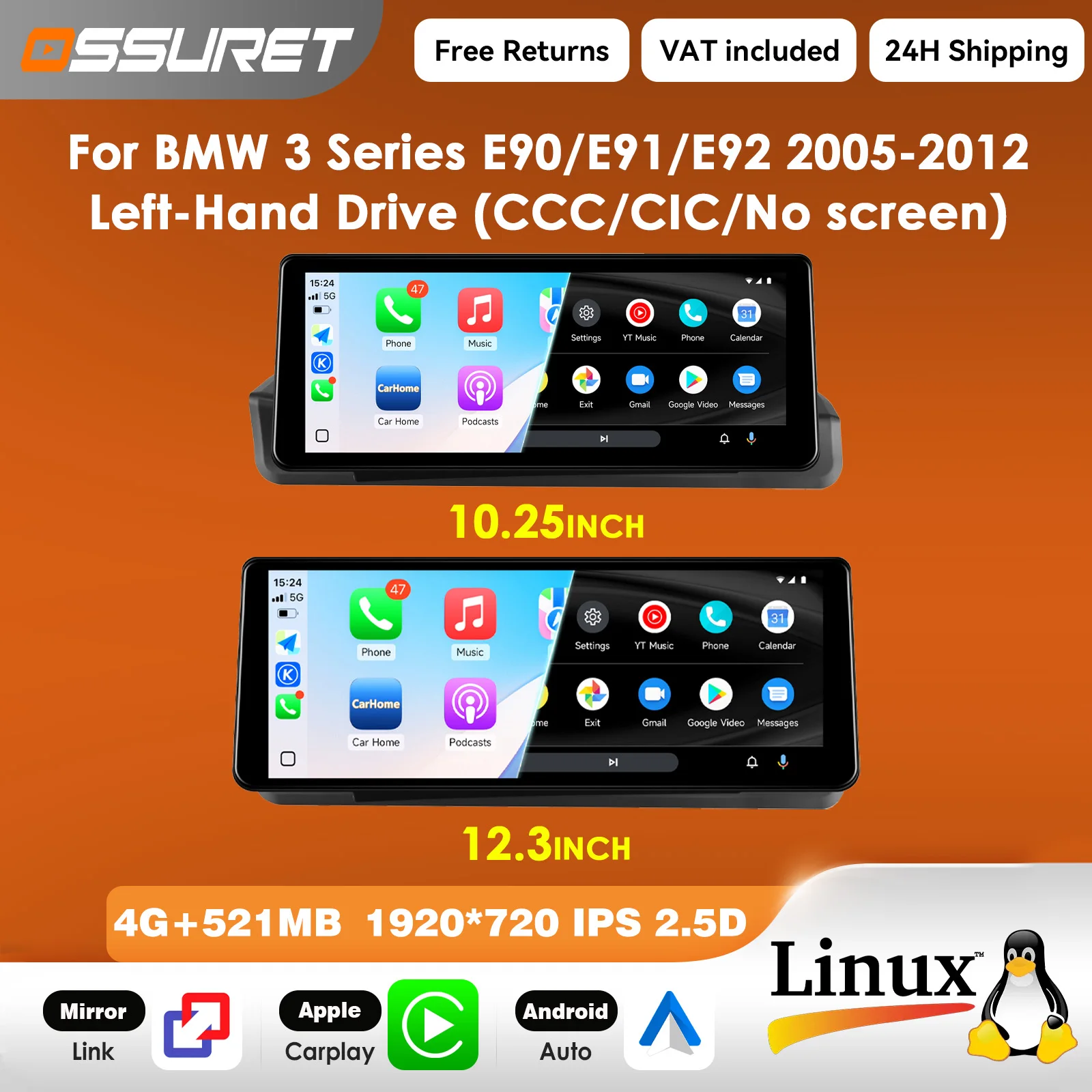 1920*720 Carplay Linux 5.4 Autoradio für BMW 3er Serie E90 E91 E92 2005 - 2012 CCC CIC Ohne Originalbildschirm Multimedia-Videoplayer T113-i Dual-Core USB BT Mirror Link