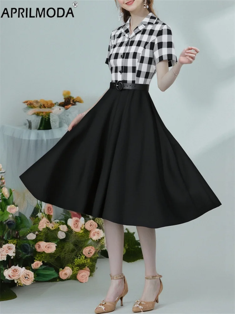 Elegant Black Vintage Summer Runway Pinup Dresses with Belt V Neck 50s Style A Line Patchwork Plaid Print Solid Short Prom Dress