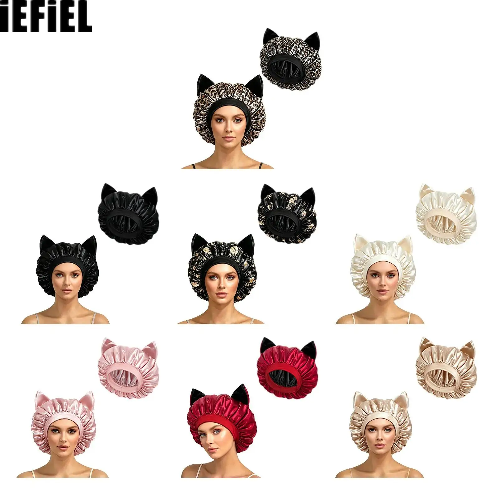 Women Cat-ear Satin Hat Nightcap Elastic Band Sleeping Hat Double Layers Breathable Hair-protecting Bonnet for Hair Skin Care