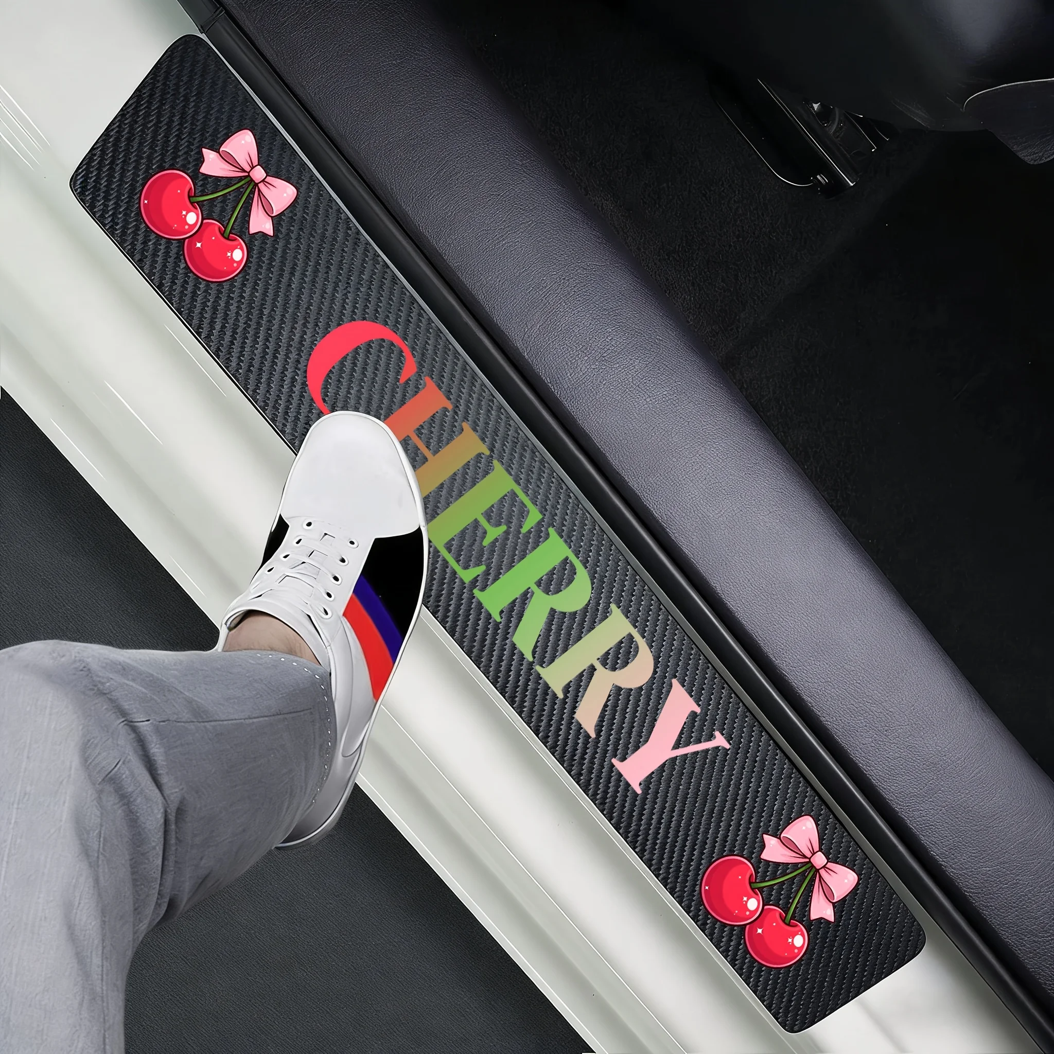

4pcs Cherry Carbon Fiber Car Door Sill Protector Stickers Scratch Cover & Protection Red fruits Style Decor Easy to Install