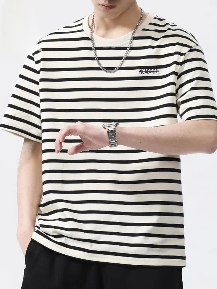 

Мужская футболка свободного кроя с коротким рукавом в полоску, летняя, модная, универсальная, молодежная, из смесового хлопка и полиэстера