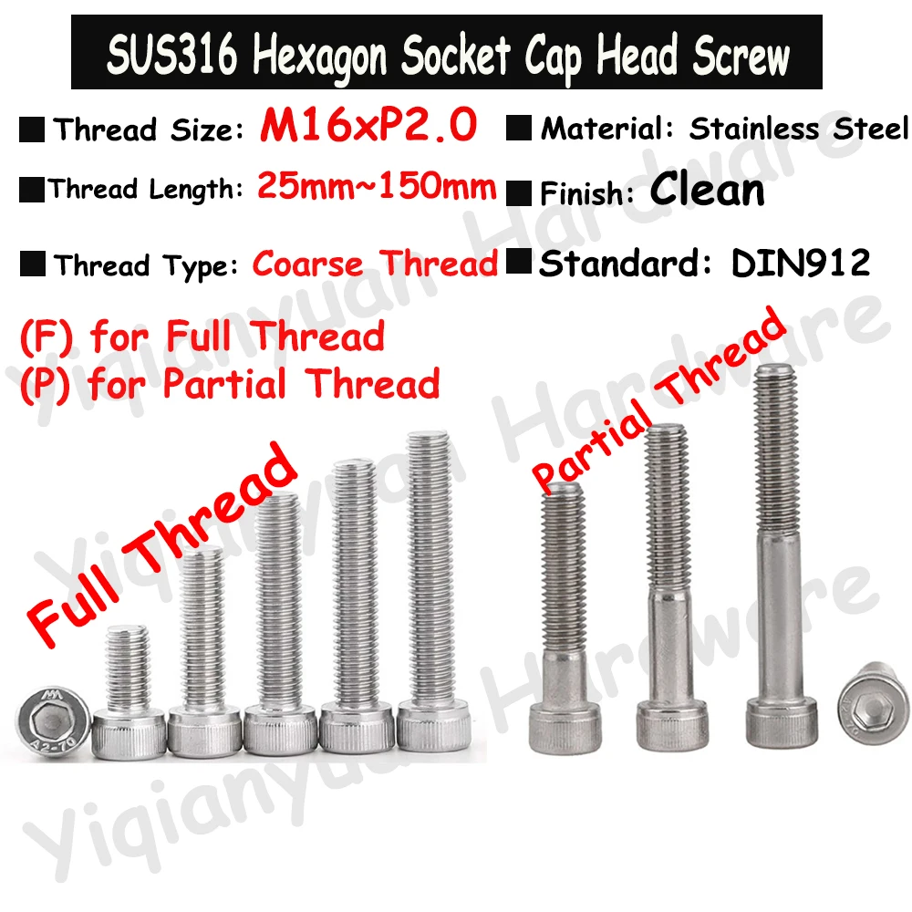 

SUS316 Stainless Steel DIN912 M16xP2.0 Coarse Thread Hexagon Socket Knurled Cap Head Screw Allen Key Bolts Full/Partial Threaded