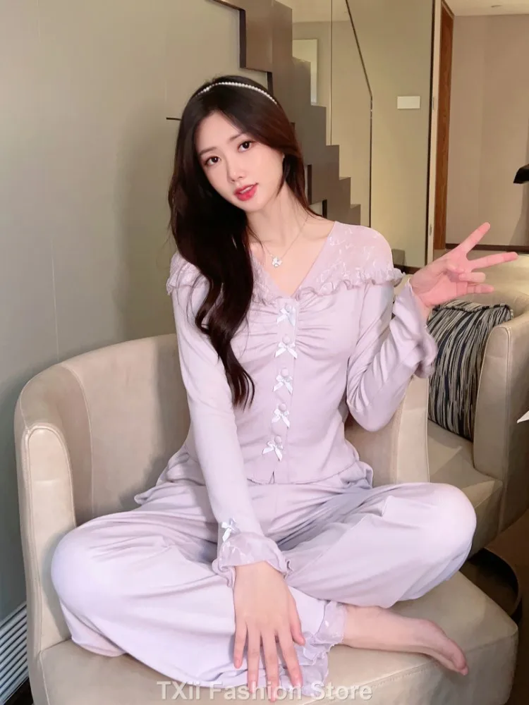 TXii Palace-style French sweet lace pajamas set for women, long-sleeved home wear for autumn 2023.Spring and Autumn