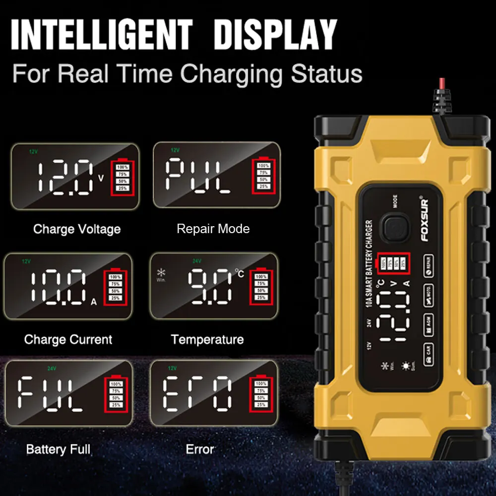 Ładowarka akumulator samochodowy FOXSUR 12V 10A 7-stopniowa ładowarka samochodowa szybkie ładowanie 6-180Ah ładowarki do naprawy cyfrowego