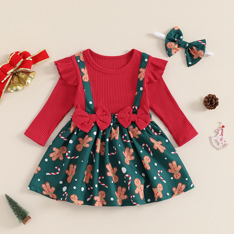 Toddler Baby Girls Christmas Skirt Set Plaid Gingerbread Man Bow Long Sleeve Ribbed Ruffled Overall Dress Headband 2Pcs Outfit