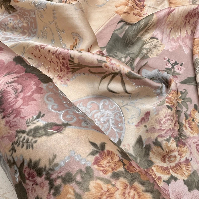

1 meter 100% Mulberry Silk 16 momme Silk Fabric Champagne with Floral Printed 140cm 55" wide by the yard JX201