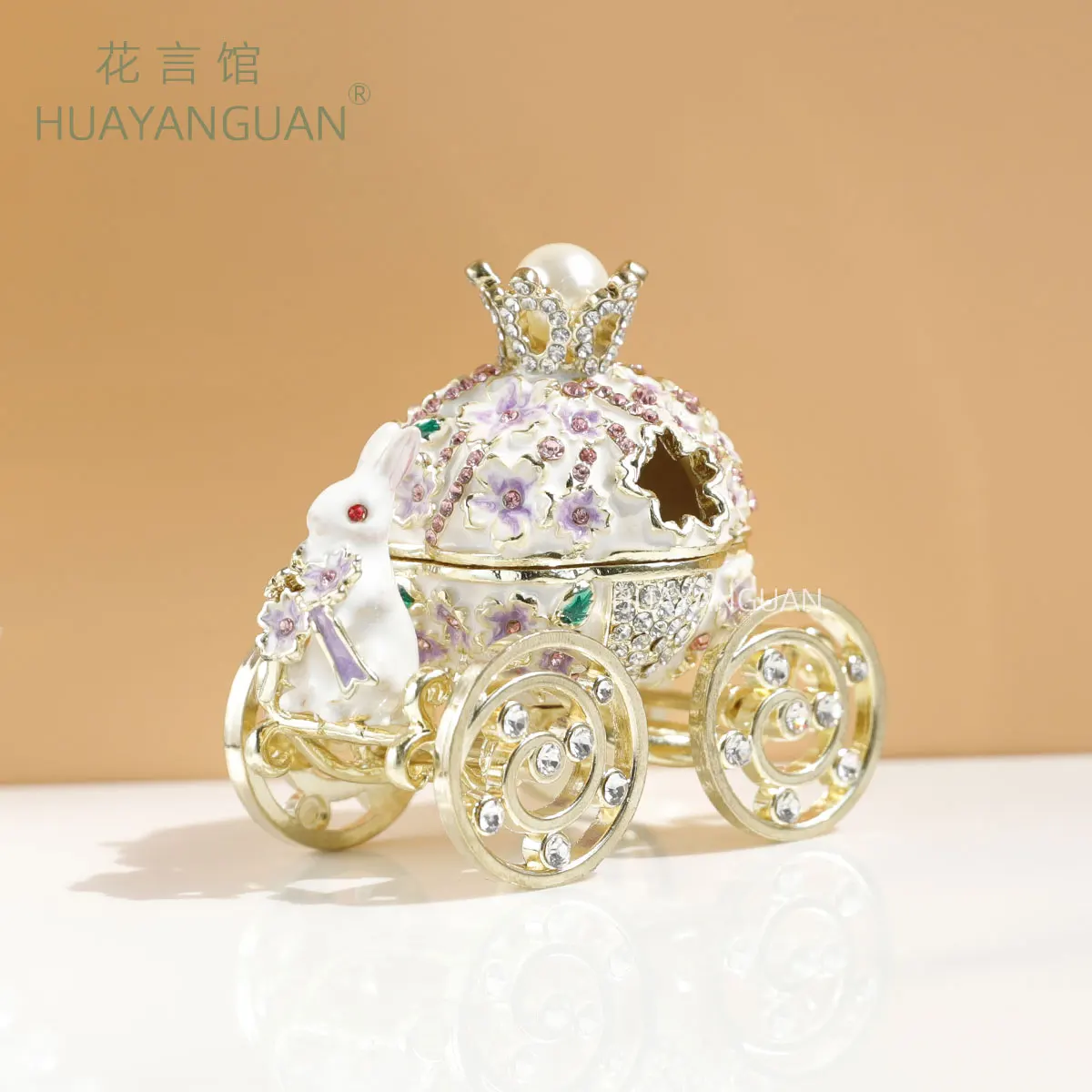 

Purple Cherry Blossom Rabbit Carriage Jewelry Box Enamel Color Jewelry Box Pair Ring Box Necklace Home Ornament