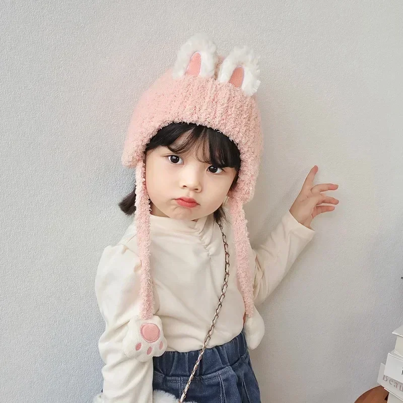 Furry Warm Sweet Cartoon Beanie for Kids Boy Girl Cute Bear Frog Panda Crochet BonnetAutumn Winter Thicken Plush Knitted Hat