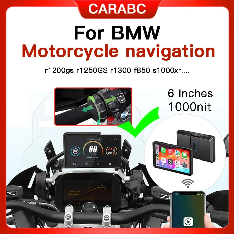 

6-дюймовый экран для мотоциклов BMW R1200GS, R1250GS, R1300GS ADV, R1000 XR, F850, S1000XR с беспроводным CarPlay, Android Auto и GPS-навигацией