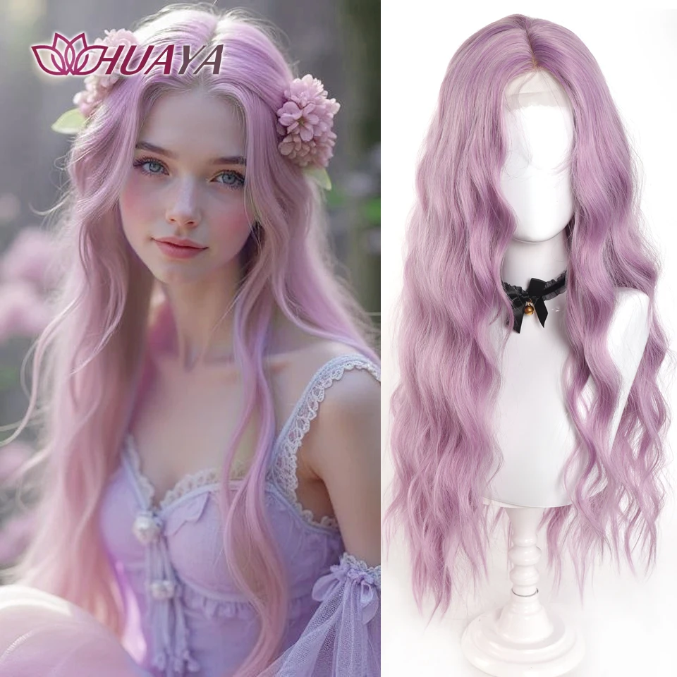 Pink-Puprle Long Wavy Lace Front Wig Synthetic 28inch Cosplay Wigs Natural Wave Middle Part Heat Resistant for Daily Use Lolita