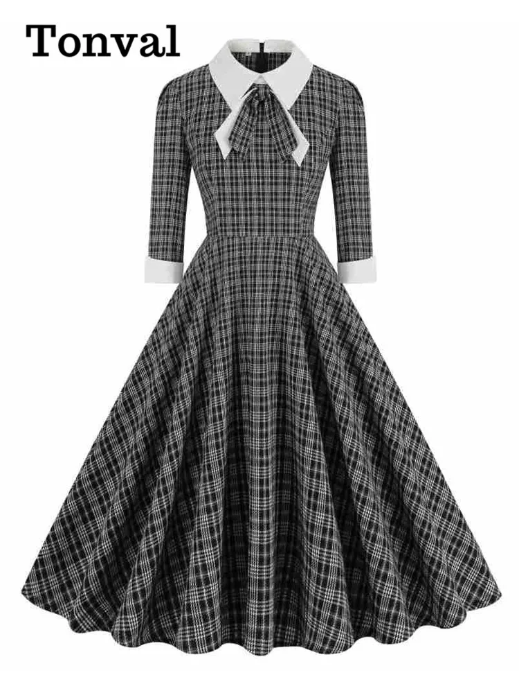 Tonval Brown Plaid Rockabilly Vintage Midi Dresses Turn-Down Collar Bow 3/4 Length Sleeve Autumn Winter Women Elegant Dress