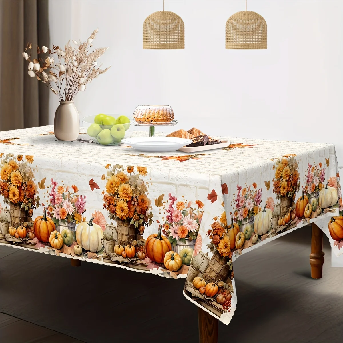 1 piece of autumn round tablecloth, pumpkin flower tablecloth, vintage pumpkin maple leaf flower brick wall tableclothzyc