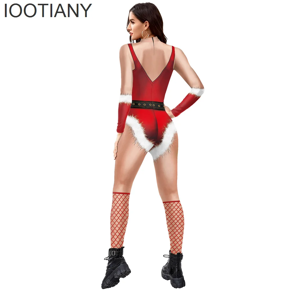 Iootiany Kerst Rode Kousen Print Cosplay Kostuum Sexy Jumpsuit Nieuwe Bodysuit Volwassen Carnaval Feest Kleding Monos Mujer Xmas