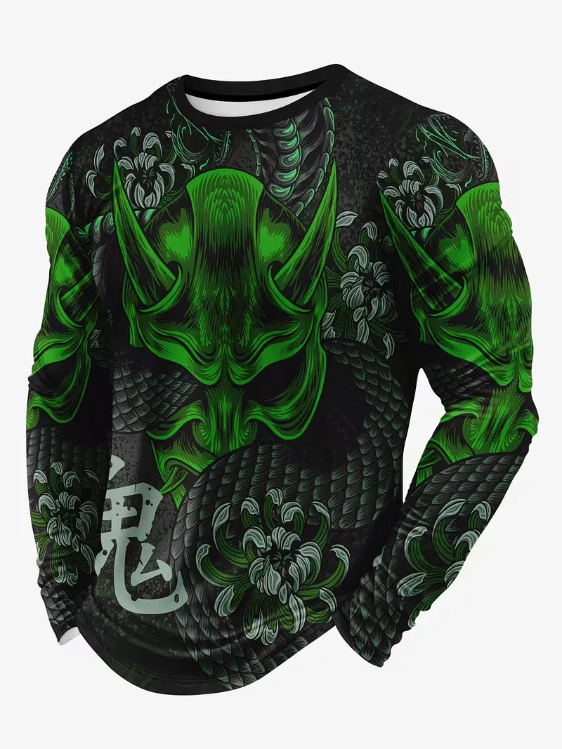 New Men's Japanese Style 3D Ghost Devil Print T Shirt Trend Personality Top Casual Long Sleeve O-Neck T-shirt Daily Outdoor Tees