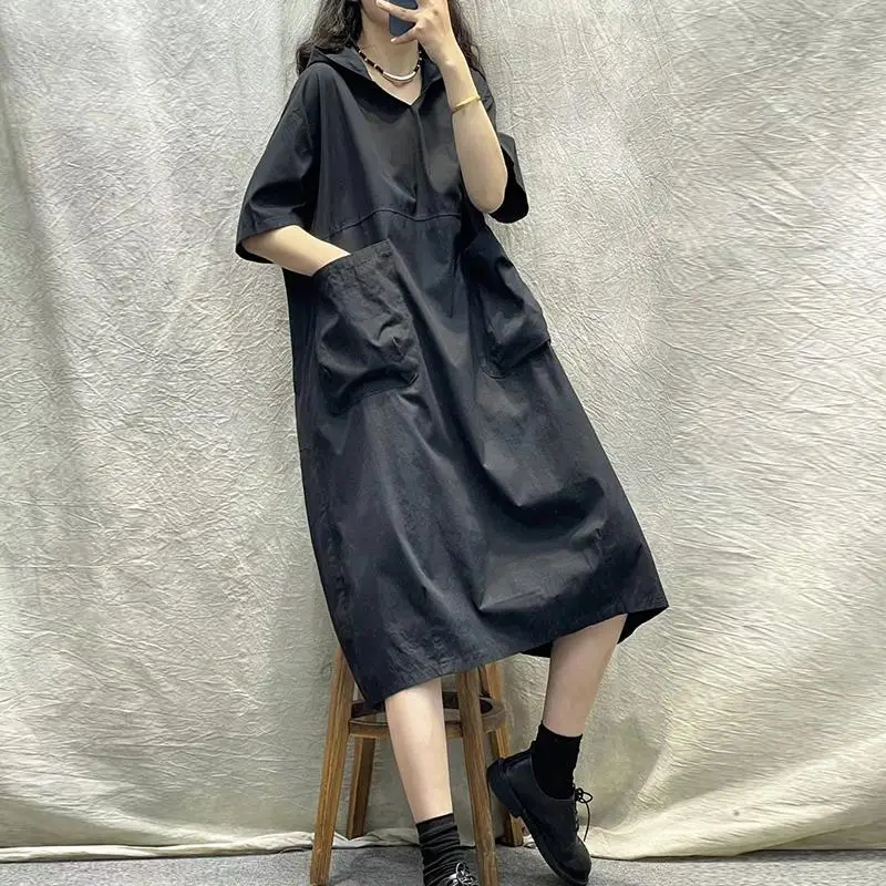 

Vintage Summer Dresses Women Shirt Dress Big Size Maxi Maxi Dress Short Sleeve Oversized Hooded Solid Black Women Clothing