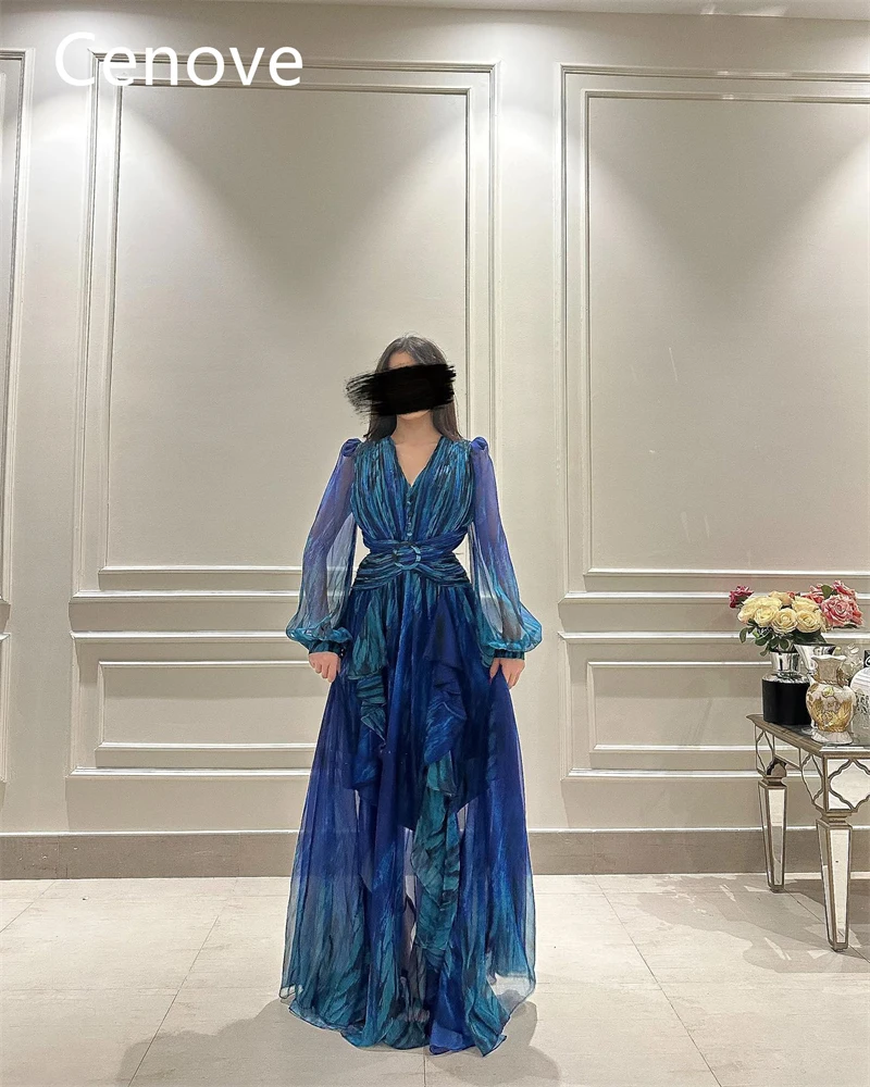 Cenove gaun Prom kerah V biru gaun pesta malam lengan panjang renda gaun pesta elegan musim panas untuk wanita