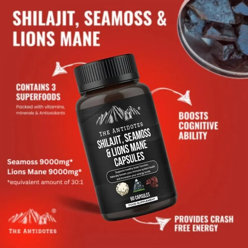 Capsules Shilajit, Seamoss et crinière du Lion - Antioxydant, bénéfique pour la santé physique et mentale et améliore la vitalité