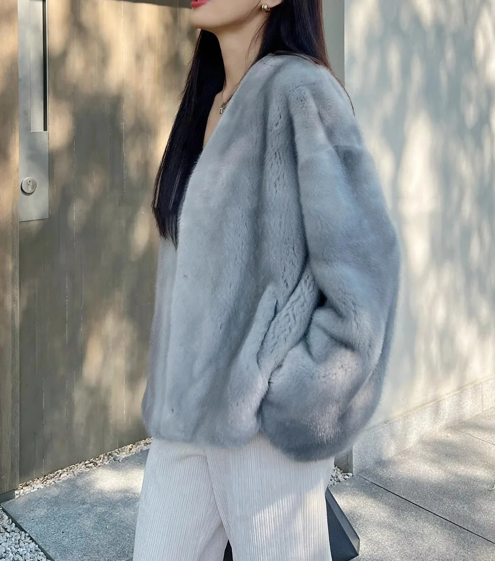 Pele de vison moda feminina com decote em v azul pele de vison nova imitação de pele de vison 2025 novo item