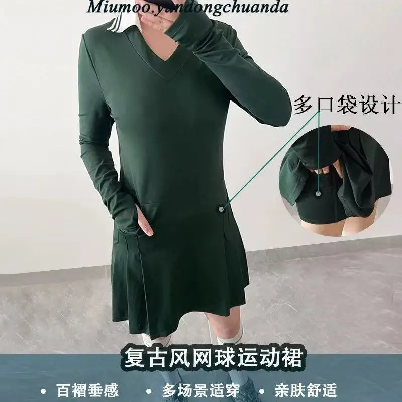 

Green Tennis Dress with Shorts Long Sleeve Women Autumn Winter Badminton Clothing Golf Wear American Style Sport Outfit