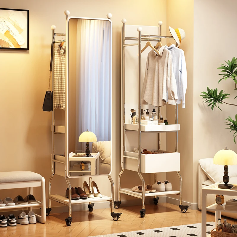 رف معطف مرآة كامل الطول من الخشب الصلب المنزلي من الأرض إلى السقف، رف تخزين متكامل متعدد الوظائف #4