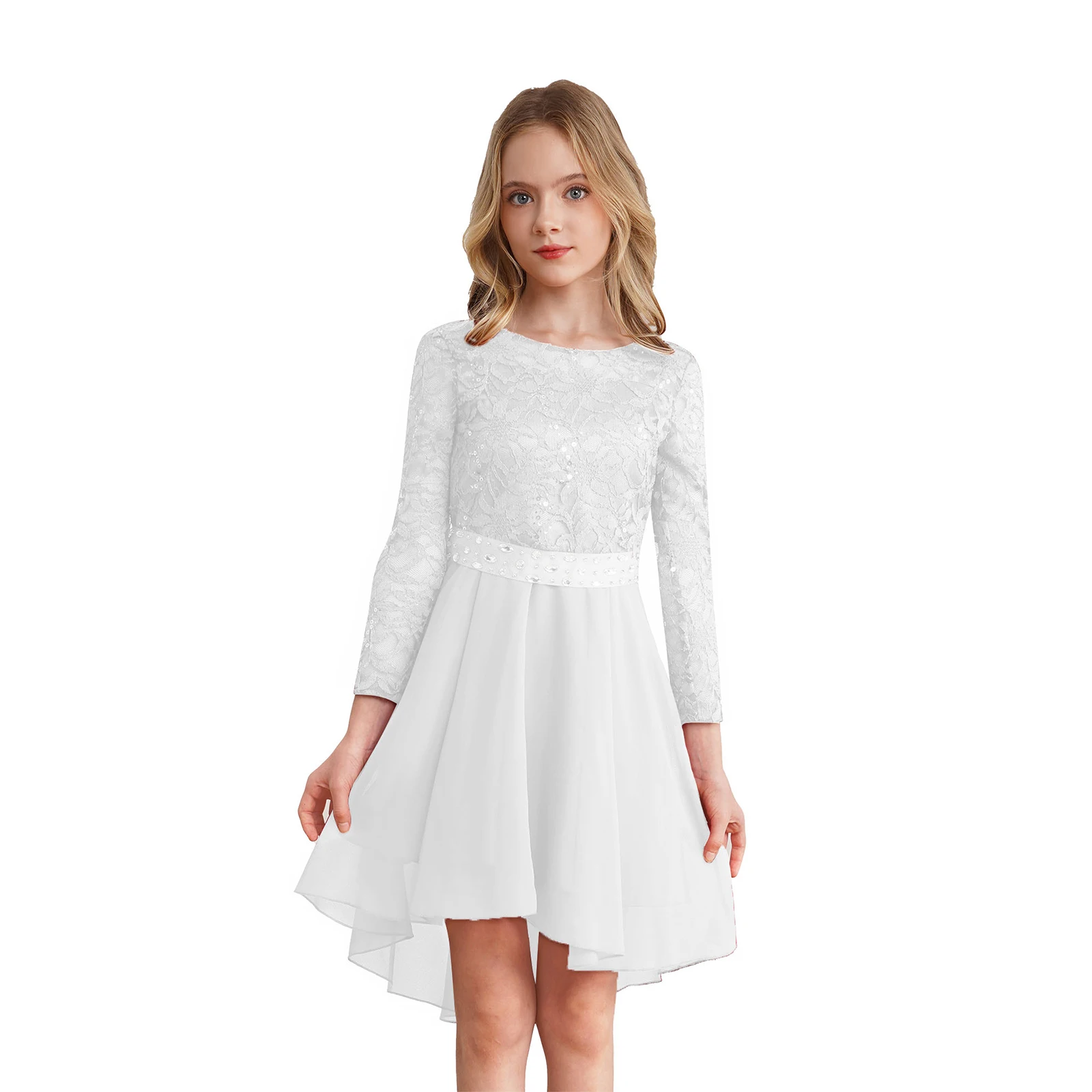 

Kids Girls Elegant Lace Chiffon Party Dress Gown Long Sleeve High-Low Hem Dress with Rhinestones Sash for Wedding Birthday Party