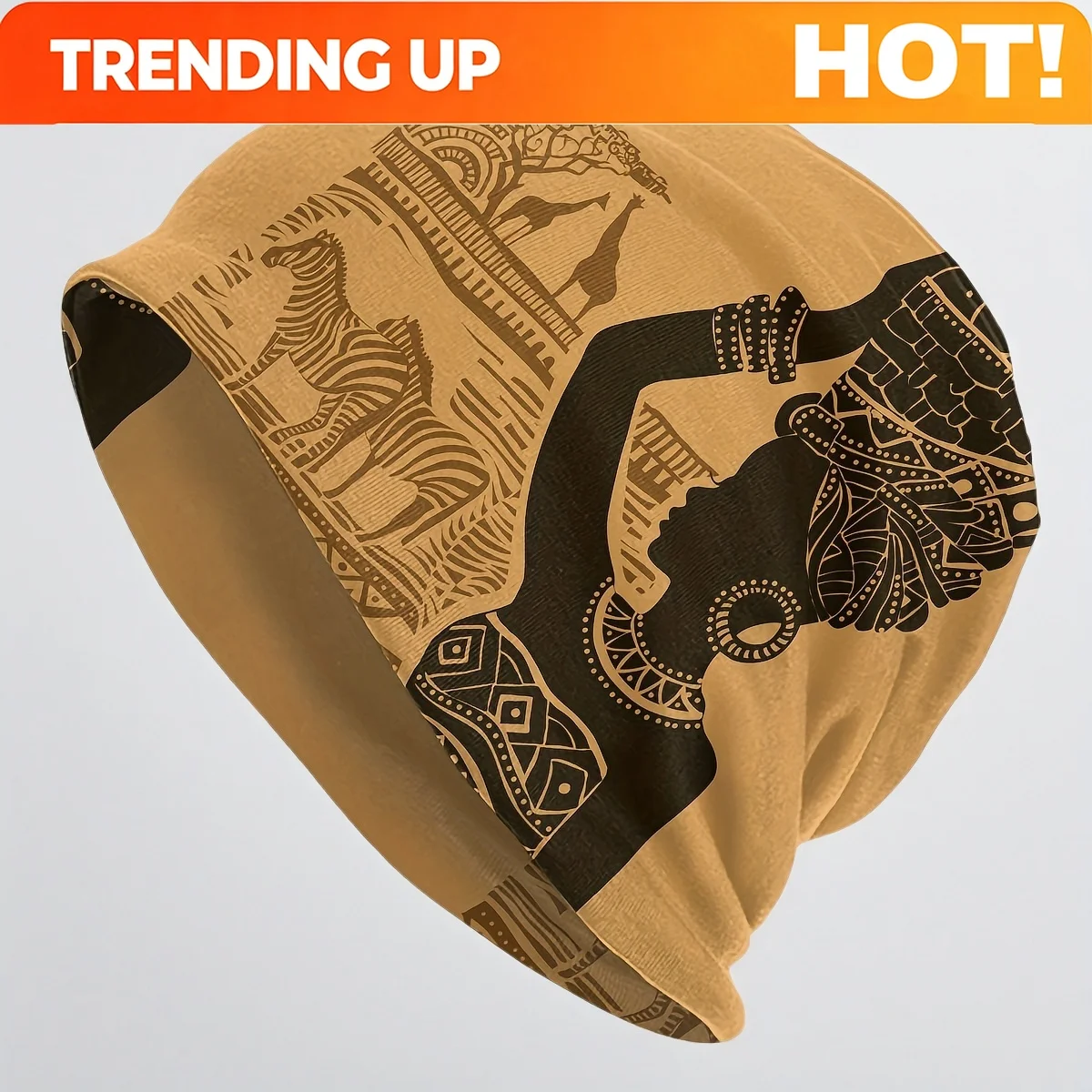 Customization 1pc Unisex Lightweight African Tribal Print Beanie Hat - Elastic Polyester With Zebra & Giraffe Motifs, Yellow Cul