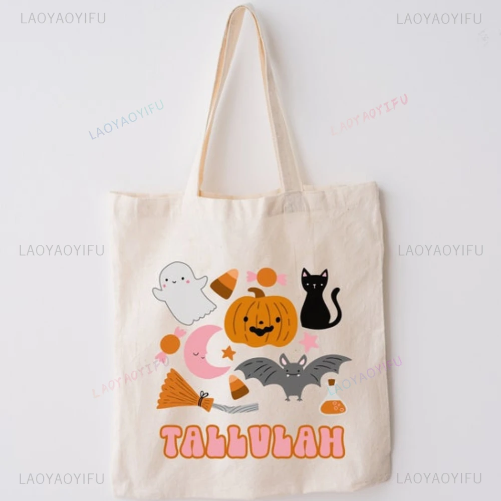 All Saints' Day Pumpkin Ghost Bat Cat Moon Broom Graphic Shopping Bag DIY Halloween Name Outdoors Canvas Bag Trick or Treat Bags