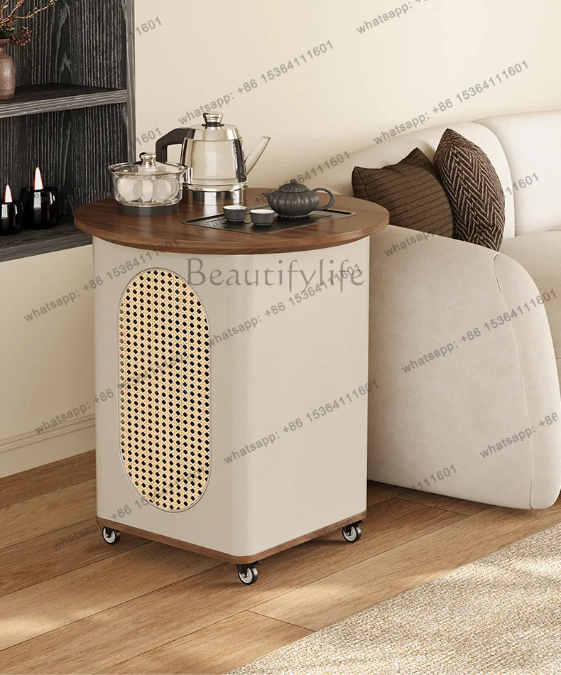 Movable Coffee Table Living Room Household with Wheels Tea Table Sofa Side Table Small Balcony Small Apartment Cream Style
