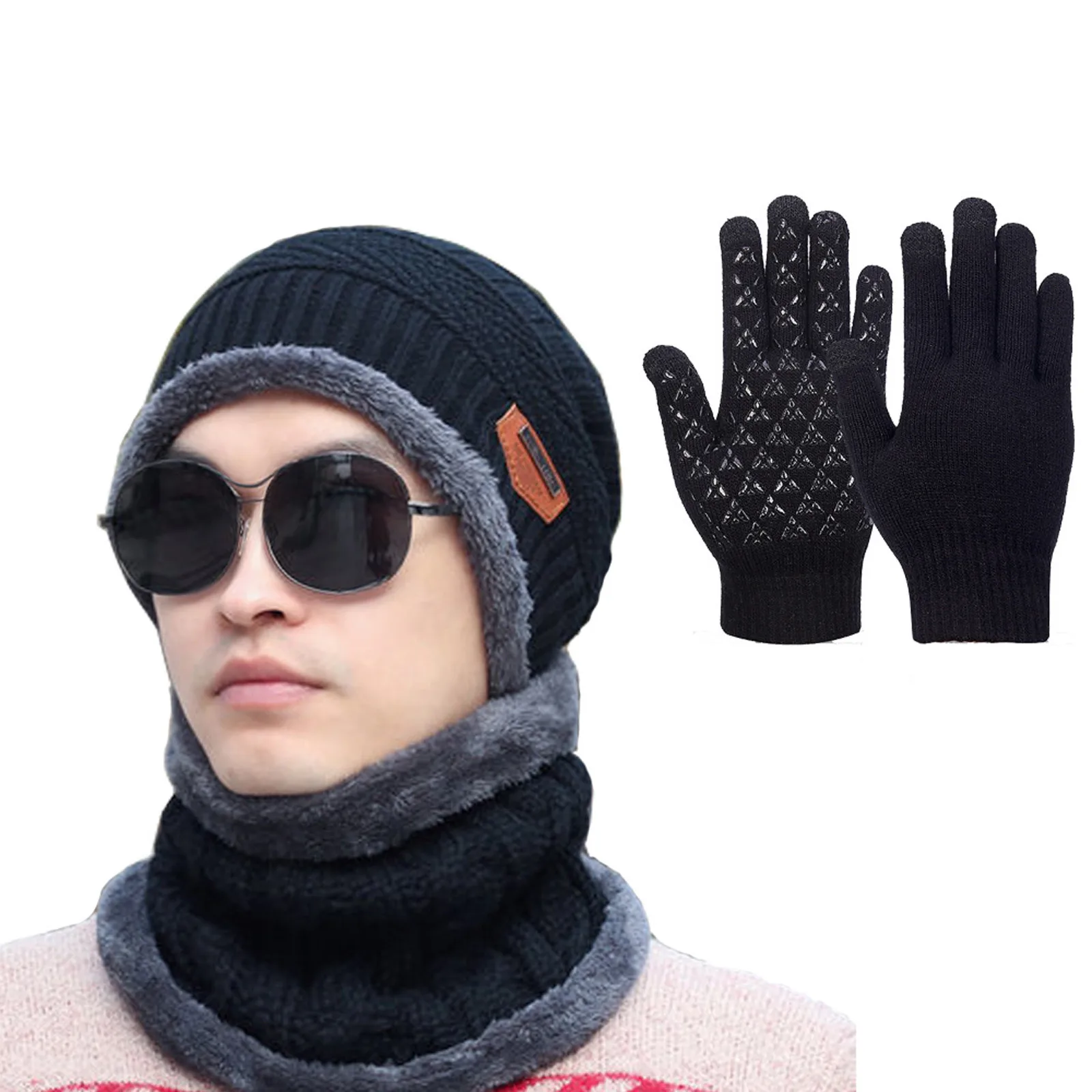 3 Pcs Winter Knit Sets Beanie Hat Neck Warmer Gloves Fleece Lined Skull Cap Infinity Scarves Touch Screen Mittens For Women