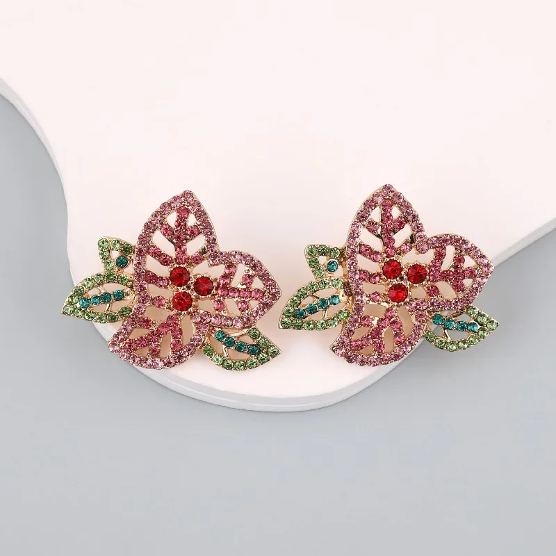 New Fashion Simple Personality Temperament Versatile Colored Diamond Flower Earrings Cute Hollow Alloy
