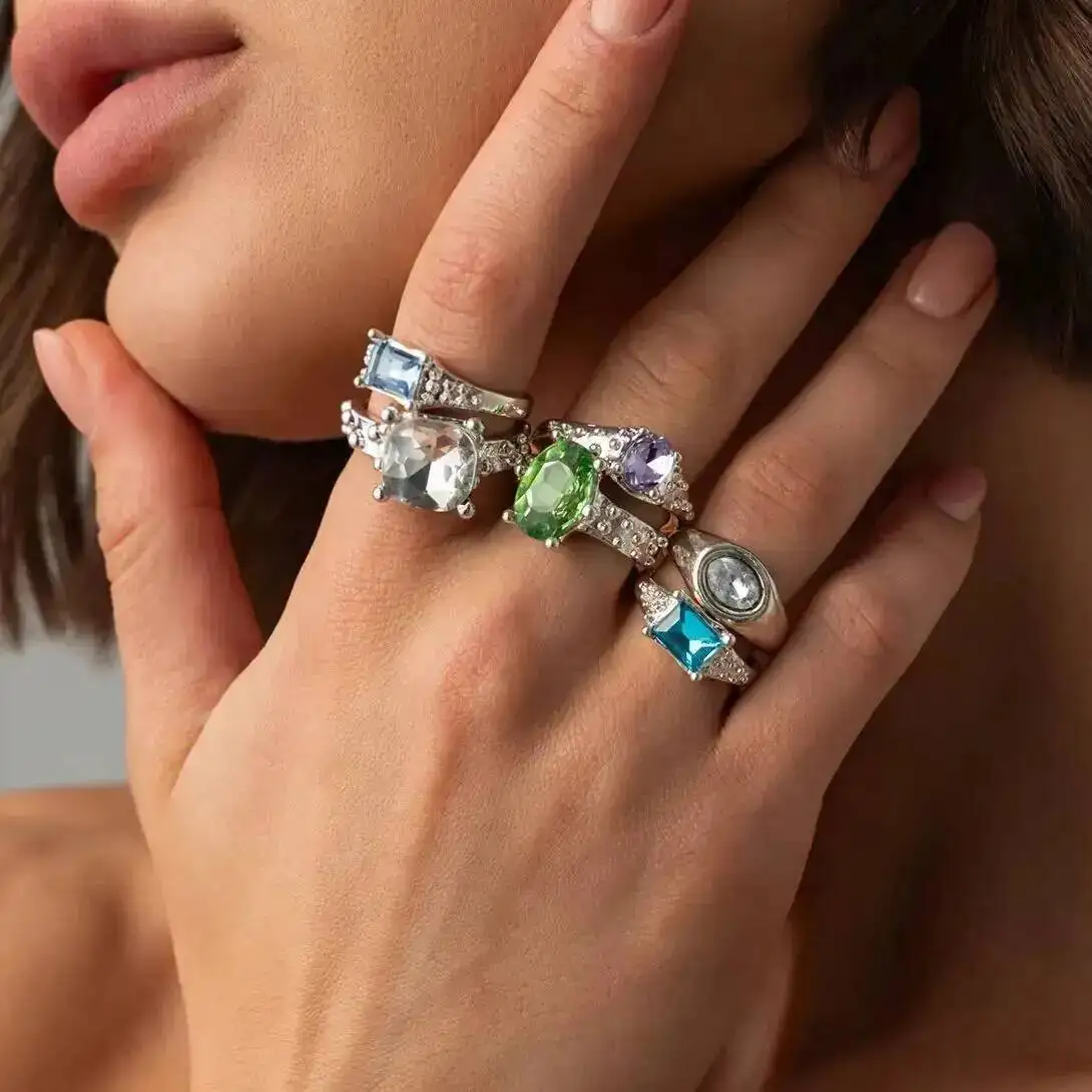 SHIXIN 6Pcs/Set Classic Colorful Glass Drill Open Finger Rings for Women Exquisite Elegant Engagement Rings Fashion Jewelry 2026