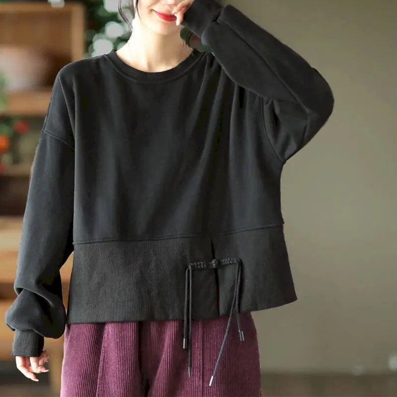 70% Cotton Pullovers Women Fashion Design Drawstring Pullover Casual Loose O-neck Short Tops Spring Autumn Long Sleeve T Shirt