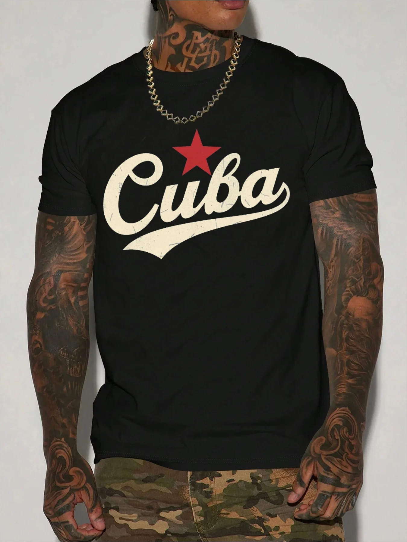 

T Shirt For Man 100% Cotton Summer Cuba Print Casual Slim Fit Round Neck Short Sleeved T-shirt Top