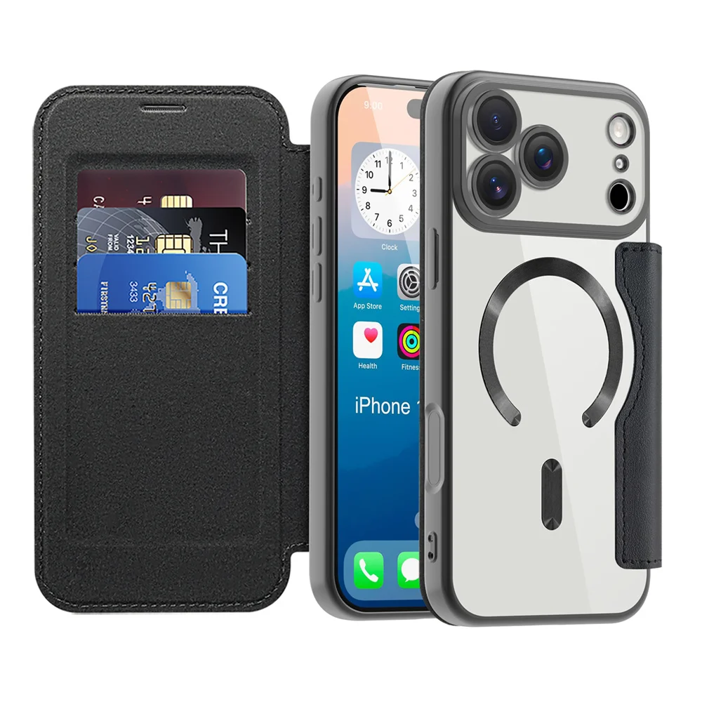 Voor Magsafe Clear Flip Leather Slot Card Bag Holder Magnetische telefoonhoes voor iPhone 17 Pro Max Air Wireless Charging Wallet Cover