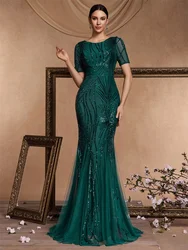 XUIBOL Elegant Short Sleeves Sequins Gold Formal Evening Dress Women 2024 Luxury Mermaid Bridesmaid Party Maxi Prom Gowns