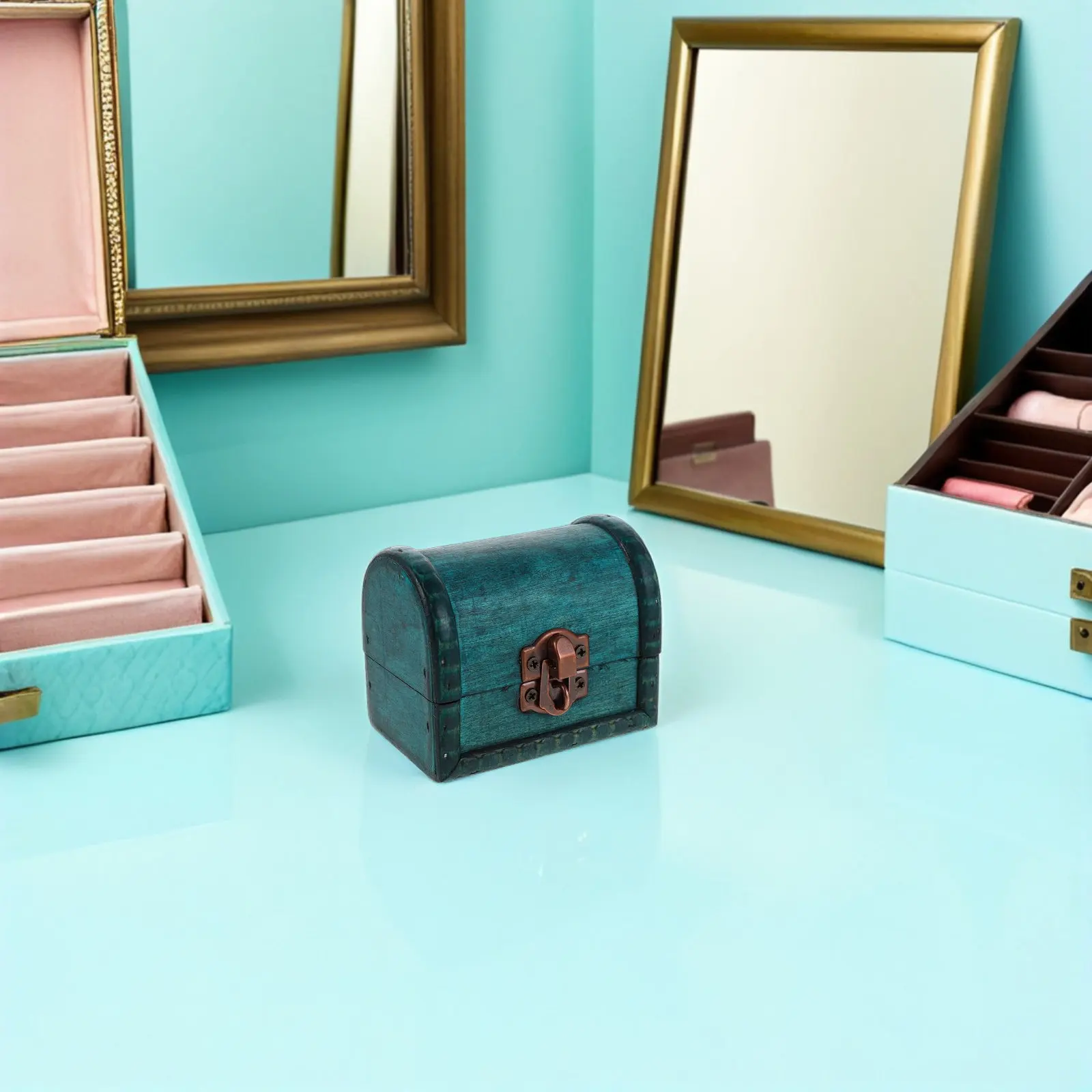 

2Pcs Vintage Jewelry Trinket Box Wood Decorative Chest Lock Small Treasure Organizer Vanity Retro Chinese Keepsake