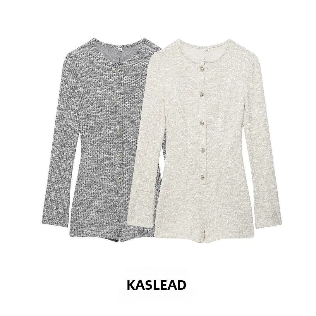 

KASLEAD New Fashionable Simple Thick Tweed Long Sleeve Onesie Shorts High Waist Straight Leg Street Style Spring Collection
