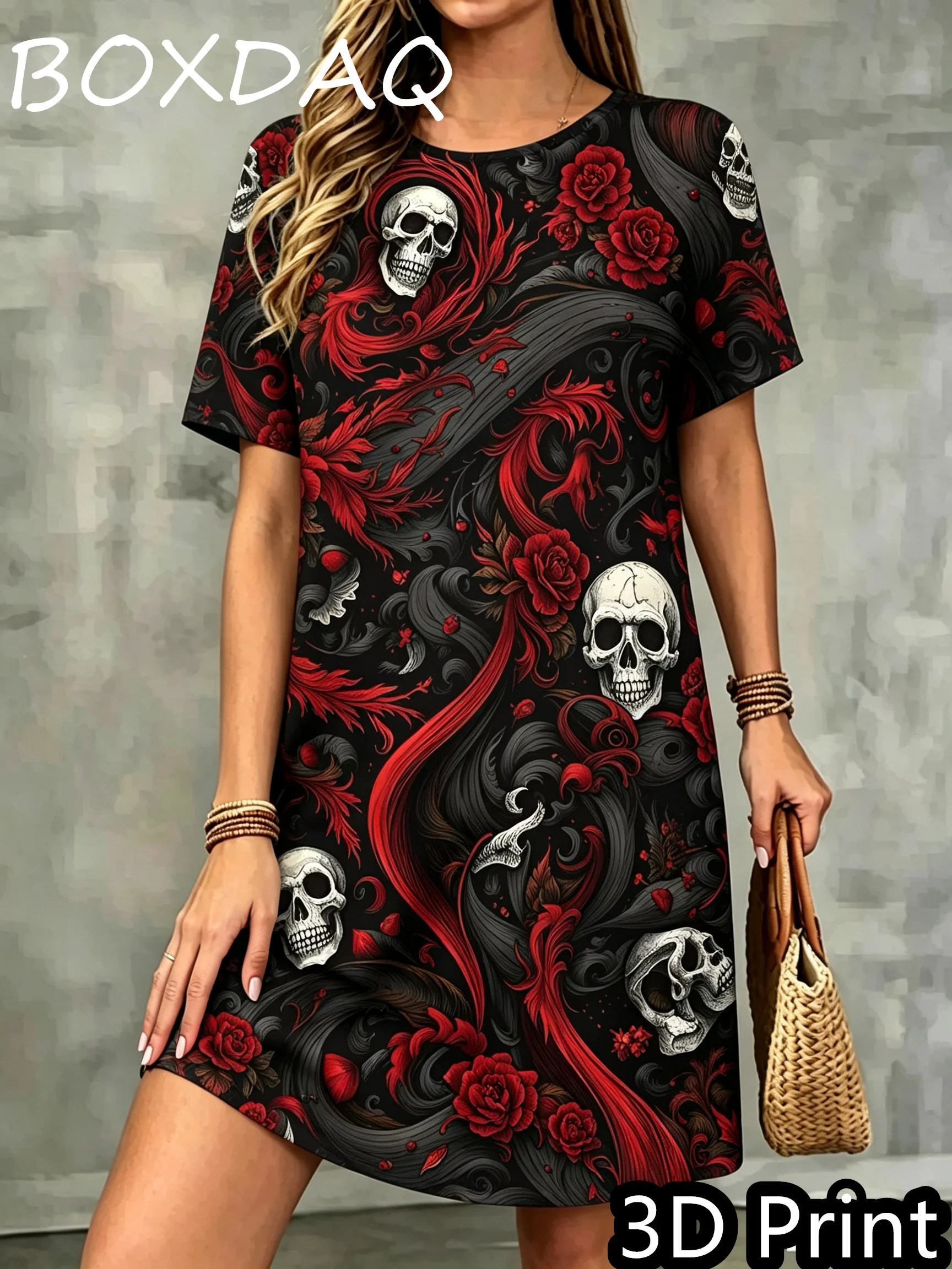 Wacky Skull Pattern Halloween Dress Fashion Short Sleeve O-Neck Print Loose Casual A-Line Dress Summer Autumn Women Clothing