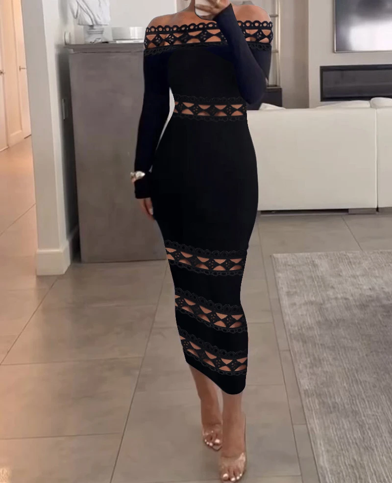 Sexy Dress Y2k Fashion Versatile Casual Off Shoulder Lace Patch Long Sleeve Midi Dresses of Female Autumn and Winter New 2023