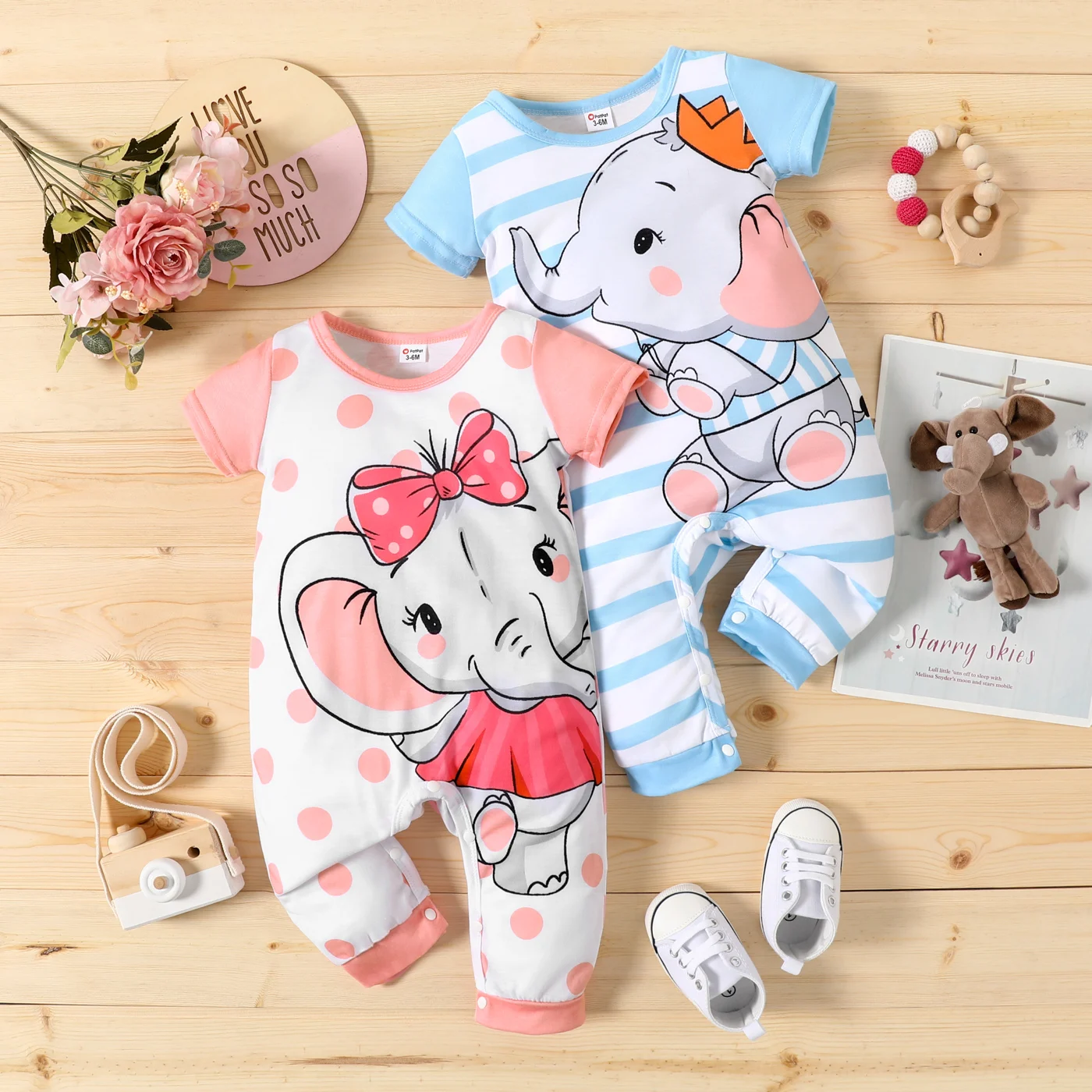 PatPat Baby Boy/Girl Cartoon Elephant Print Short-sleeve Jumpsuit